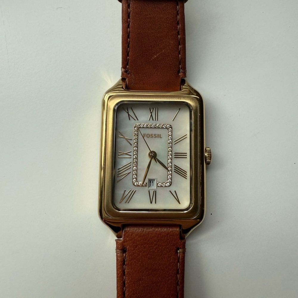 Fossil Raquel Gold-Tone Watch with Brown Leather Strap